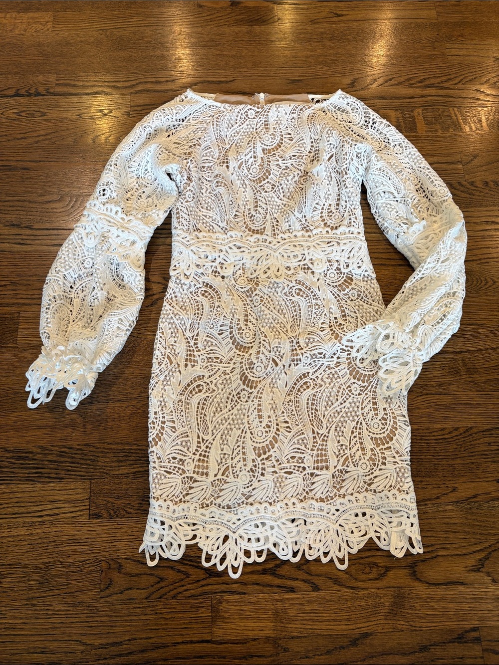 Elliatt White Lace Long-Sleeve Mini Dress, nude overlay, boat neck, s
